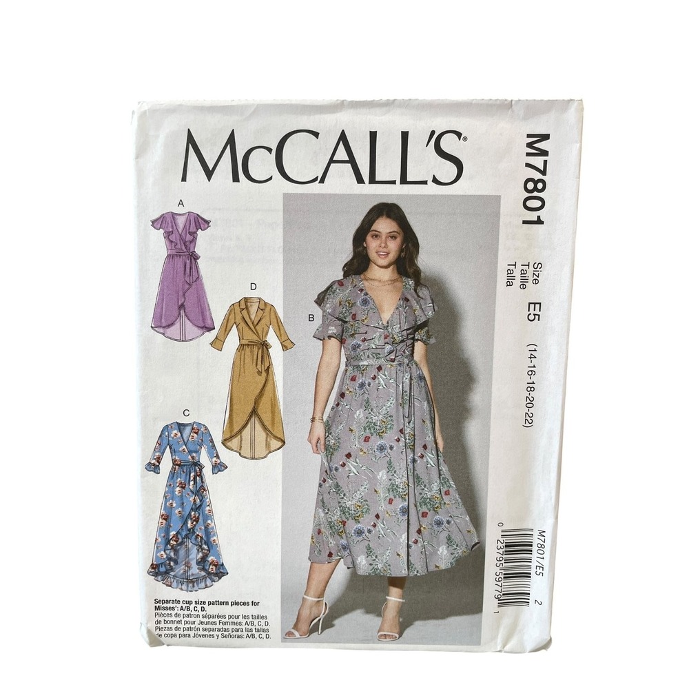 McCall's M7801 Wrap Dress E5‎ (14-22) Ruffle Tie Belt Sewing Pattern